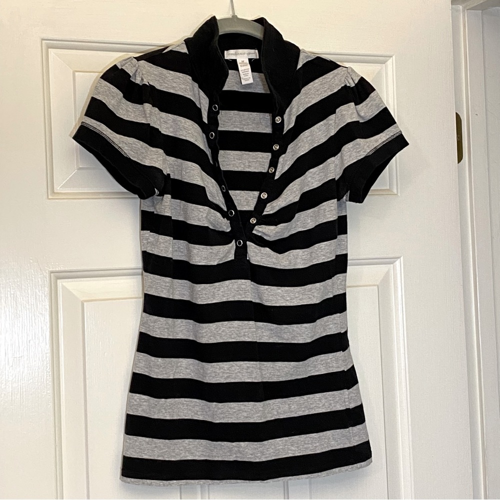 Ambiance Apparel Black and Gray Striped Short Sleeve Polo Top